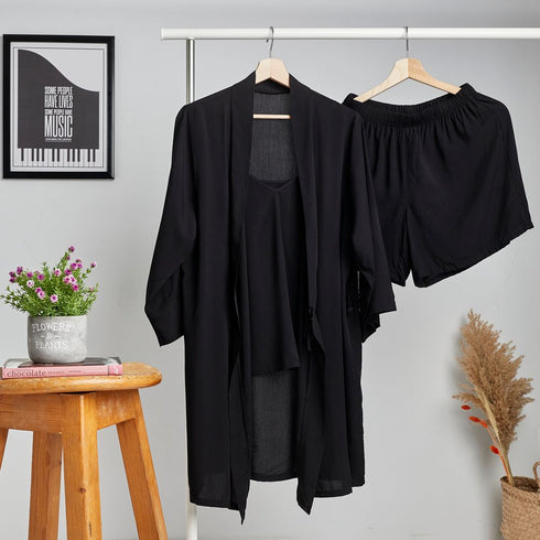 Women summer 3 piece pajama set  Black Top +kimono & short